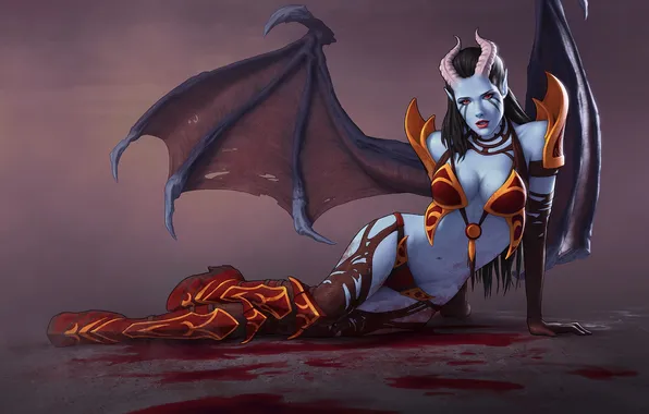 Грудь, девушка, крылья, арт, рога, dota 2, Queen of Pain, moba