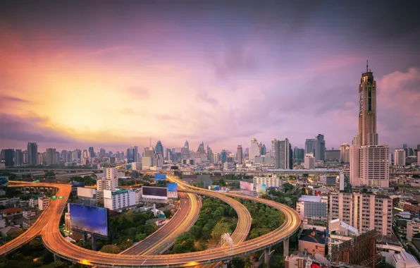 Город, рассвет, здания, дороги, утро, Тайланд, Бангкок