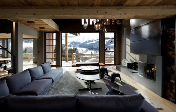 Картинка гостиная, chalet Cyanella, интерьер, камин