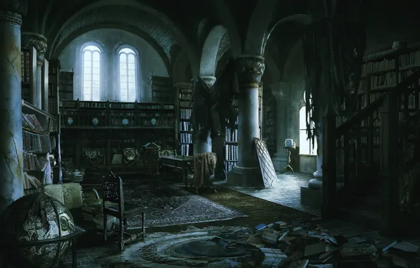Полумрак, беспорядок, помещение, old library