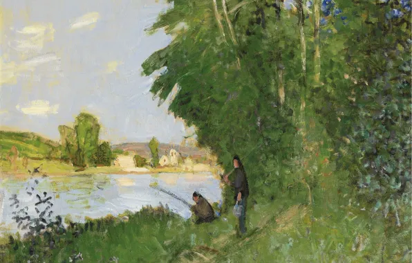 Природа, река, картина, Пьер Эжен Монтезин, Pierre-Eugene Montezin, Пейзаж с Двумя Рыбаками