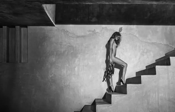 Black&white, monochrome, model, nude, Sara Sampaio, stairs, Morocco, Russell James