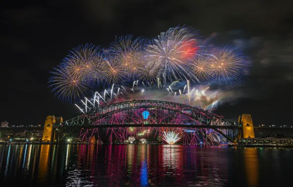 Картинка ночь, мост, город, огни, Австралия, Sydney, феерверк, Харбор-Бридж
