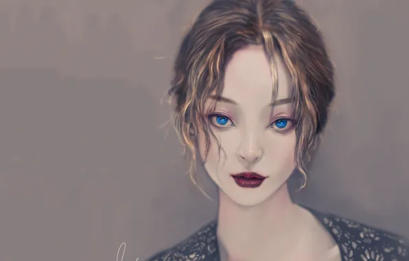 Картинка губки, голубые глаза, серый фон, art, портрет девушки, смотрит в глаза, Fei Teng