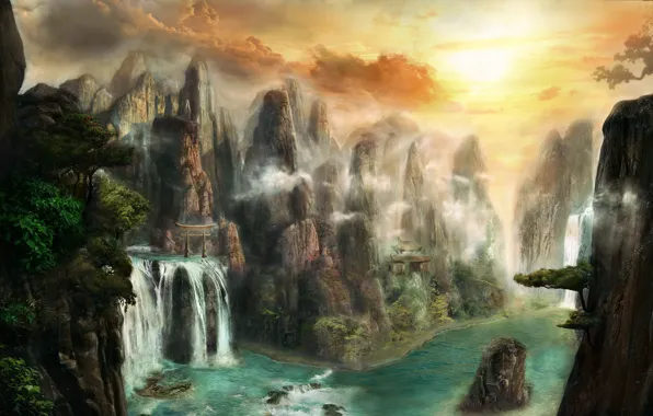 Картинка вода, деревья, пейзаж, горы, река, камни, скалы, водопад