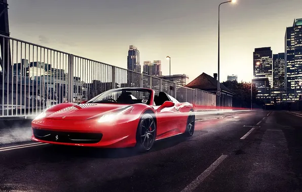 Картинка город, Ferrari, red, родстер, феррари, красная, 458, небоскрёбы
