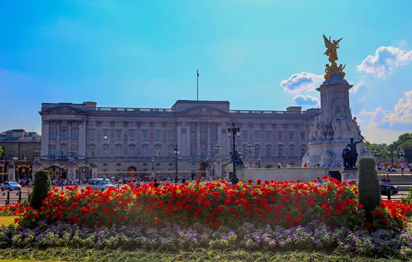 Картинка небо, цветы, Англия, Лондон, памятник, Букингемский дворец