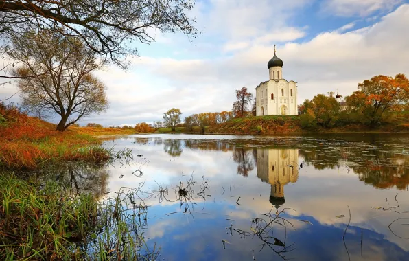 Картинка осень, пейзаж, природа, отражение, река, церковь, храм, берега