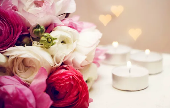 Картинка цветы, сердце, букет, свечи, heart, flowers, bouquet, candles