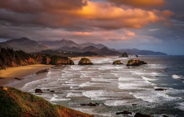 Море, небо, пейзаж, горы, тучи, скалы, Орегон, США