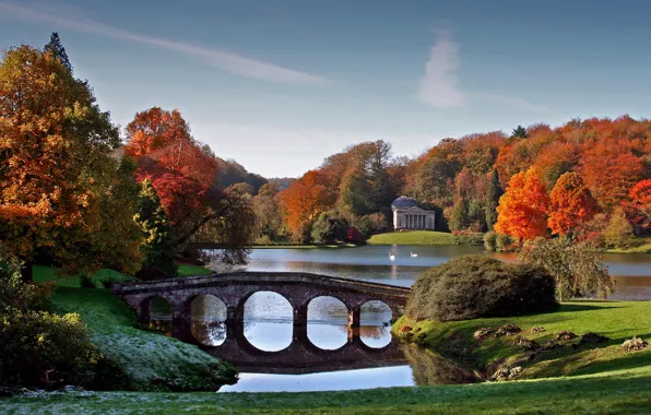 Картинка осень, небо, деревья, мост, озеро, пруд, парк