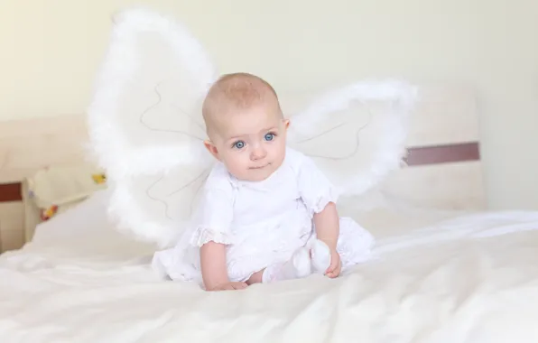 Обои, бабочка, кровать, ангел, девочка, wallpaper, малышка, ребёнок
