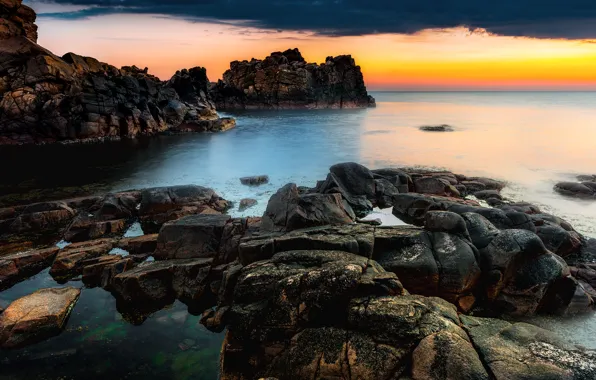 Картинка море, небо, закат, камни, скалы, Швеция, Sweden