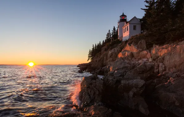 Волны, закат, скалы, берег, маяк, США, Bass Harbor Head Light, Бас-Харбор Головного Света