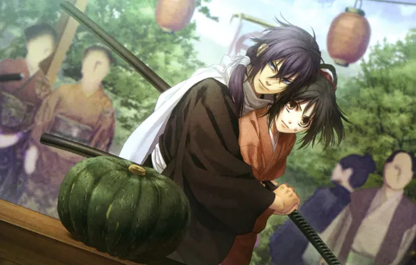 Люди, катана, тыква, двое, art, Демоны бледной сакуры, Yukimura Chizuru, Saitou Hajime