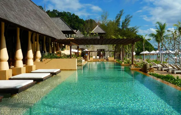 Пальмы, океан, бассейн, курорт, Malaysia, Borneo, Gaya Island Resort