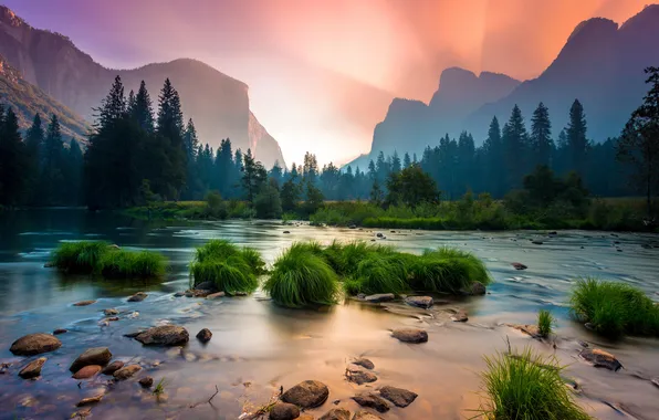 Деревья, горы, природа, река, камни, рассвет