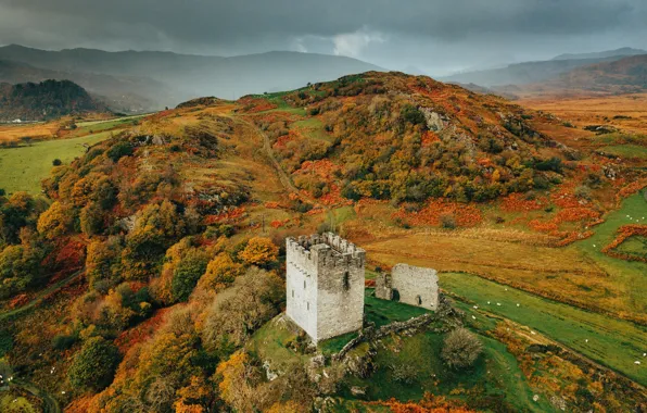 Осень, горы, замок, холмы, руины