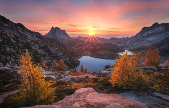 Картинка осень, деревья, горы, озеро, восход, рассвет, утро, Каскадные горы