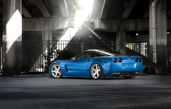 Картинка синий, мост, Z06, Corvette, Chevrolet, шевроле, blue, корвет