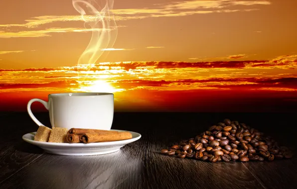 Картинка кофе, зерна, чашка, sky, sunset, clouds, sun, coffee