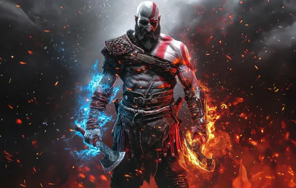 Axe, fire, flame, god of war, weapon, kratos, sony, snow