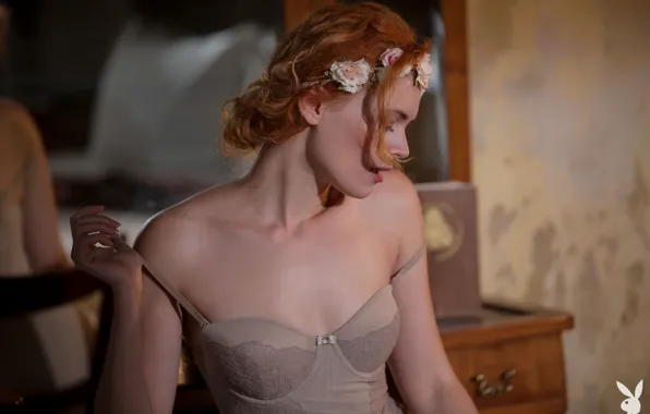 Playboy, sexy, flowers, model, redhead, tease, Kate Ri, striping