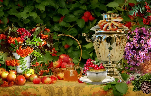 Цветы, яблоки, натюрморт, flowers, рябина, still life, apples, mountain ash
