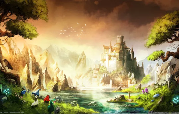 Картинка пейзаж, горы, птицы, река, люди, замок, водопад, крепость