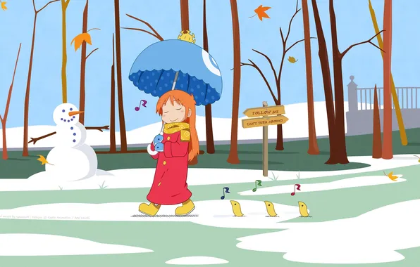 Картинка осень, листья, снег, парк, настроение, зонт, аниме, арт