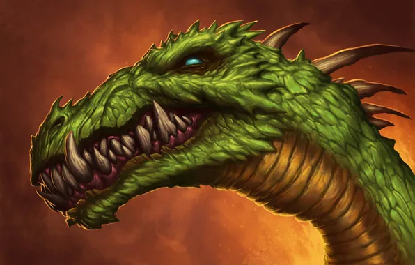 Картинка зеленый, глаз, дракон, зубы, голова, пасть, клыки, ухмылка