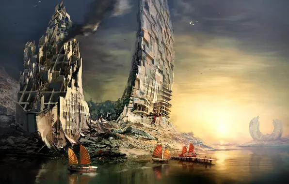 Картинка город, корабли, Guild Wars 2, гавань