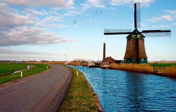 Картинка дорога, пейзаж, река, мельница, нидерланды