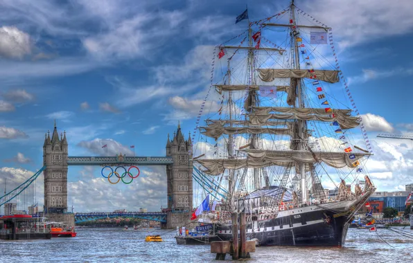 Картинка река, Англия, Лондон, парусник, Темза, Тауэрский мост, Tower Bridge, London