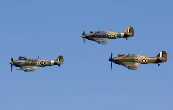 Картинка Истребитель, Spitfire, Hawker Hurricane, Hurricane, Supermarine Spitfire, RAF, Вторая Мировая Война