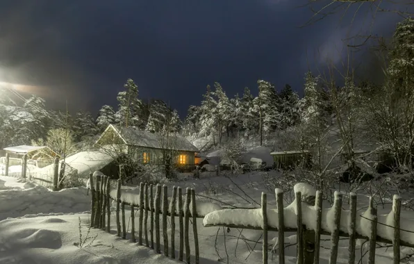 Картинка зима, снег, пейзаж, ночь, природа, дом, забор, деревня
