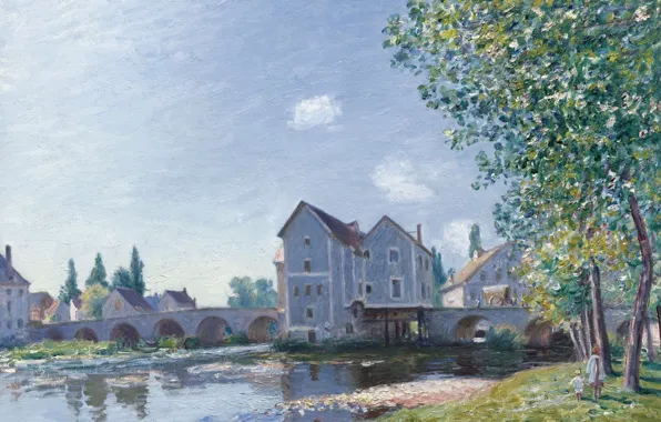 Дом, река, картина, Alfred Sisley, Альфред Сислей, Мост в Морэ-сюр-Луэне. Утренний Эффект