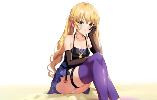 Girl, sexy, cleavage, panties, thighhighs, green eyes, long hair, dress