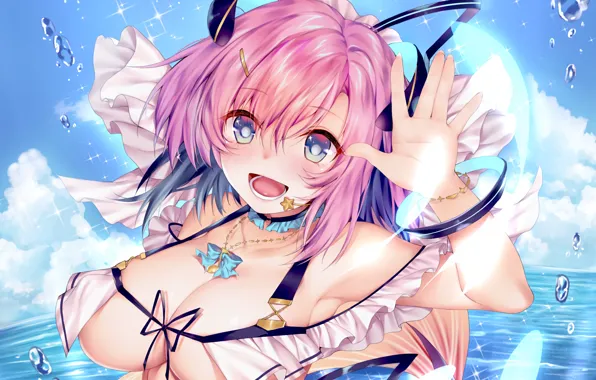 Girl, sexy, cleavage, blouse, pink hair, sea, boobs, anime