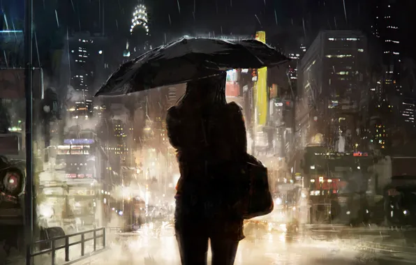 Картинка девушка, город, зонтик, дождь, силуэт, арт