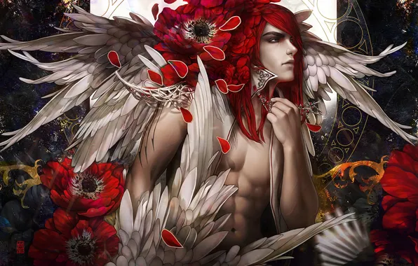Цветы, маки, крылья, арт, парень, красные волосы, tincek-marincek