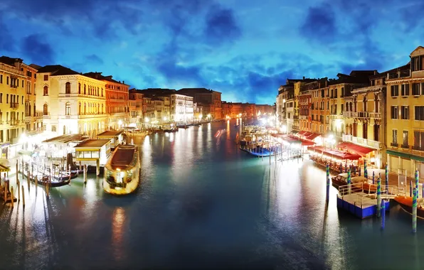 Ночь, город, фото, дома, Италия, Венеция, водный канал, Grand Canal