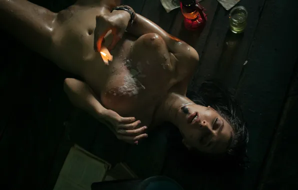 Dark, BDSM, flame, nipples, book, sexy woman, lamp, candle