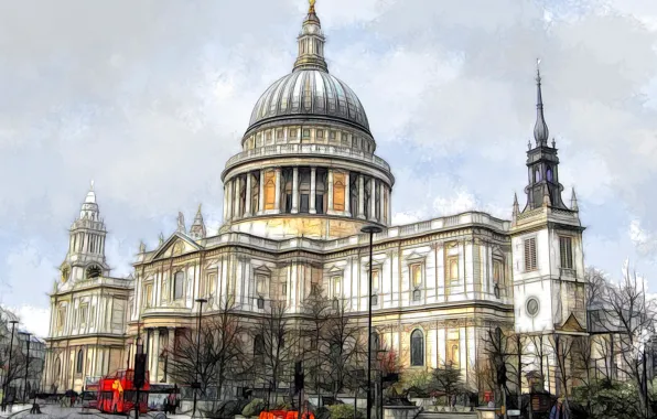 Картинка город, краски, рисунок, Англия, Лондон, Собор Святого Павла