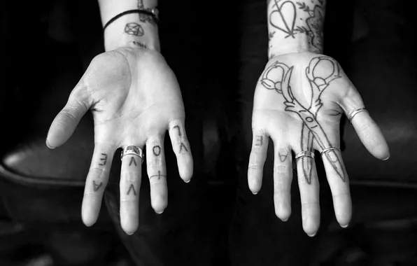 Girl, woman, model, tattoo, ring, black and white, hands, hand