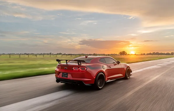 Картинка Chevrolet, Camaro, red, road, muscle car, sun, Hennessey, Hennessey Chevrolet Camaro ZL1 The Exorcist