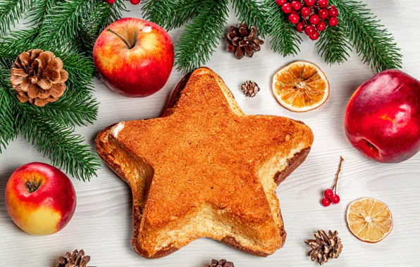 Картинка яблоки, звезда, Рождество, Новый год, шишки, бисквит, еловые ветки