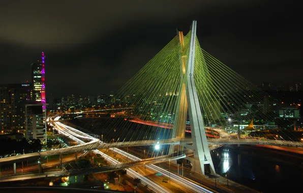 Дорога, город, огни, река, мосты, Бразилия, Sao Paulo