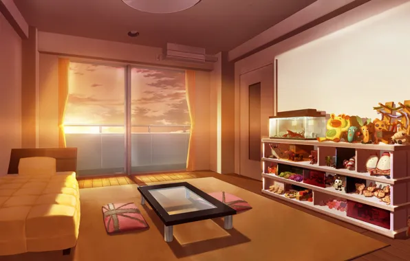 Картинка солнце, лучи, комната, рассвет, игрушки, кровать, аквариум, утро