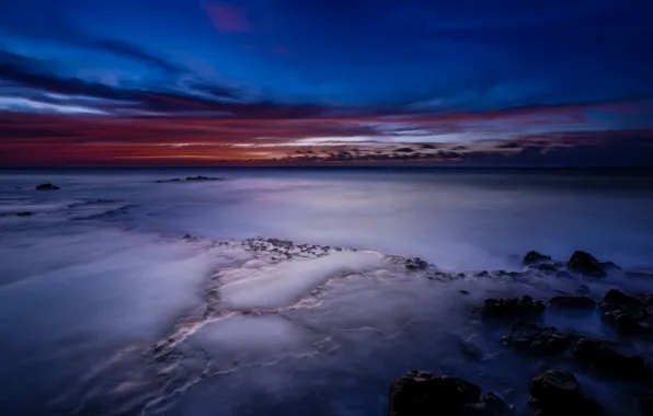 Картинка небо, облака, закат, океан, берег, побережье, Гавайи, USA
